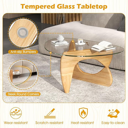 Giantex Triangle Glass Coffee Table, Solid Wood Tea Table with Tempered Glass Top & Adjustable Base, Small Accent Table for Small Spaces, Mid Century Modern Center Table for Living Room (Natural)