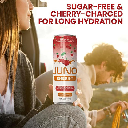 JUNO ENERGY Organic Cherry Sparkling Drink - Sugar Free Electrolytes, Energizing and Hydrating with 125mg Organic Caffeine from Green Coffee Beans, Organic Monk Fruit, Organic Sour and Black Cherry Juice & Electrolytes - Vegan, Gluten Free, 12 Pack