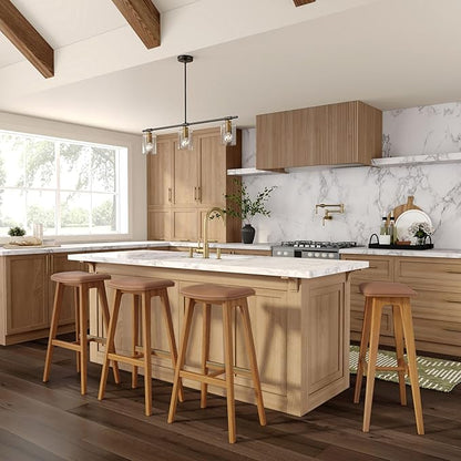 Plank+Beam Beryl Bar Height Stool - Mid-Century Modern Rubberwood Bar Stool with Faux Leather Seat, Metal Footrest, Easy Assembly, 2-Pack, Pecan/Toffee