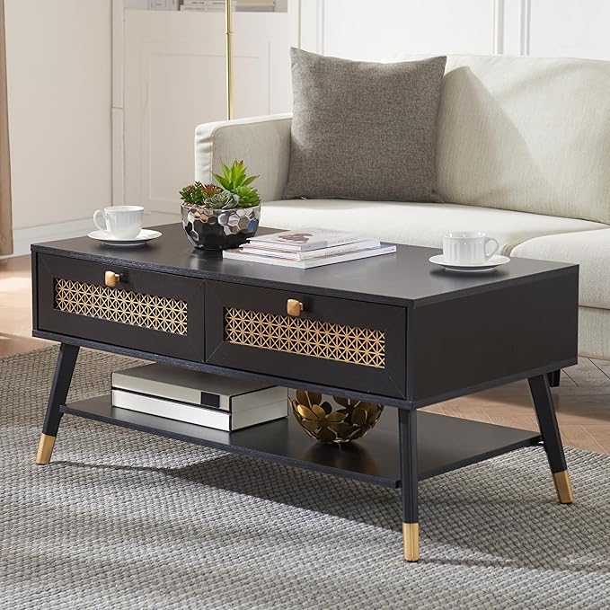 Mid Century Modern Black Coffee Table with Storage Drawers & Open Shelf, Solid Wooden Boho Rectangle Table with Metal Legs Designed for Living Room, Office, Lounge. Black Color with Golden Decor