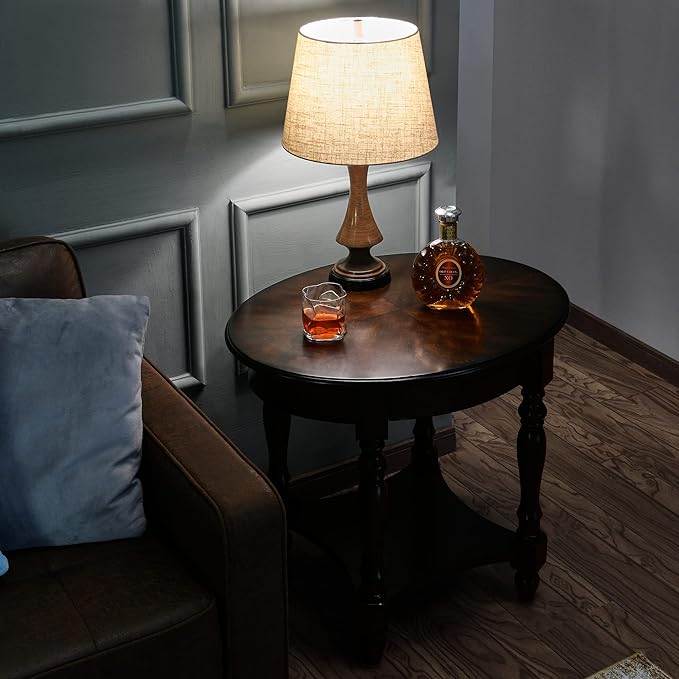 Solid Wood Oval End Table with Drawer and Storage Shelf, 28" Traditional Retro Side Table Polished Edging Sofa Table Bedside Nightstand for Living Room Bedroom Home, Vintage Walnut