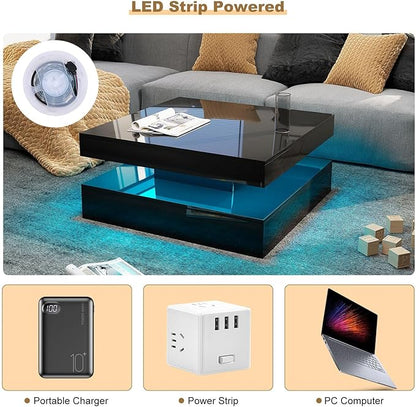 Black LED Coffee Table for Living Room, Living Room Table 2-Tier Square Center Tables, Wood Coffee Tables with Storage, Tea Table for Dining Reception Room