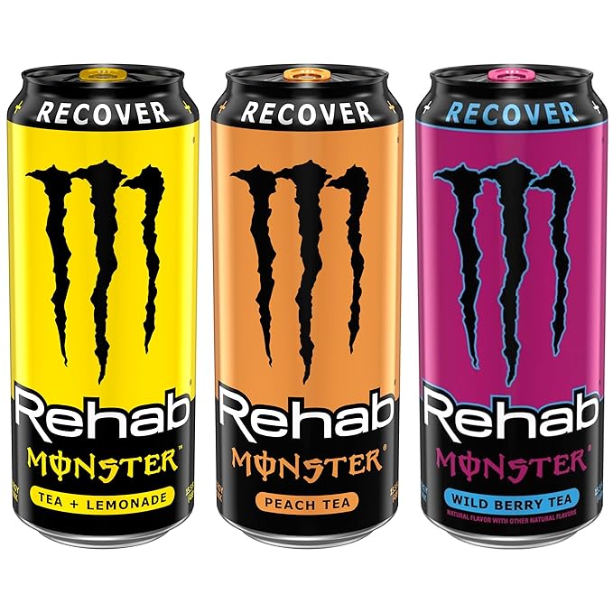 Monster Energy Rehab Tea + Lemonade, Peach, Wild Berry, Variety Pack, Energy Iced Tea,15.5 Ounce (Pack of 15)