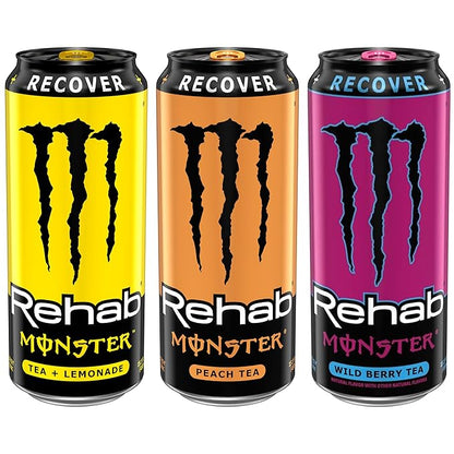 Monster Energy Rehab Tea + Lemonade, Peach, Wild Berry, Variety Pack, Energy Iced Tea,15.5 Ounce (Pack of 15)