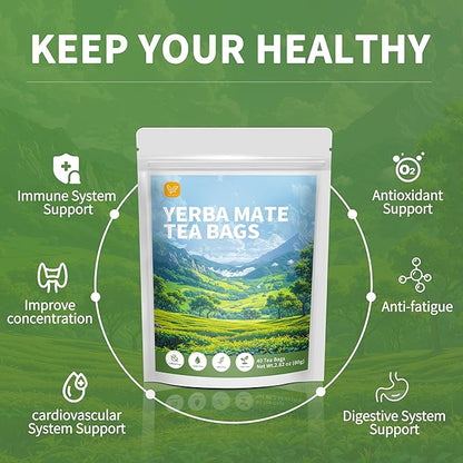 Yerba Mate Tea Bags with 40 Count - Supports Cardiovascular & Digestive Systems, Keep Youth.
