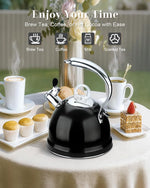 Load image into Gallery viewer, Harriet Tea Kettle Stovetop, 2.5 QT Whistling Stainless Steel Teapot, 3-Layer Base, Unique Ergonomic Handle, Includes Pot Holder &amp; Mat, Electric/Induction/Gas Stovetops Applicable, Black