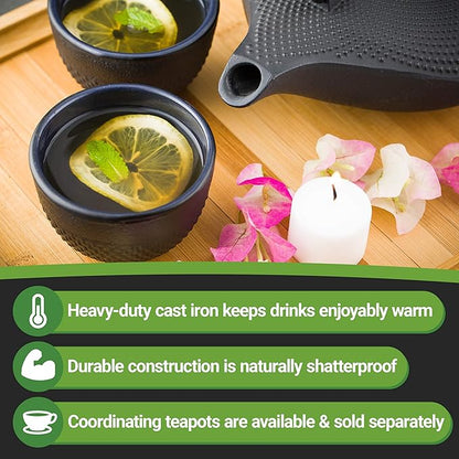 Restaurantware-Tetsubin 5 Ounce Cast Iron Tea Cups, Set Of 2 Hobnail Black Cups - Enamel Coated Interior, Durable, Black Cast Iron Asian Tea Cup, For Homes or Restaurants, Corrosion-Resistant