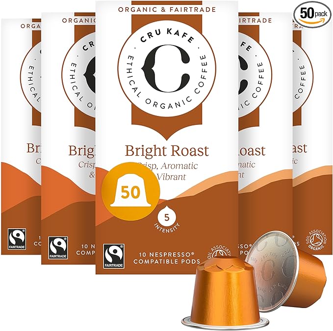 Cru Kafe Bright Roast USDA Organic Espresso Coffee Capsules (50 Pods) Fairtrade Coffee Pods Compatible with Nespresso Original Line and Pixie Machines