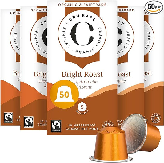 Cru Kafe Bright Roast USDA Organic Espresso Coffee Capsules (50 Pods) Fairtrade Coffee Pods Compatible with Nespresso Original Line and Pixie Machines