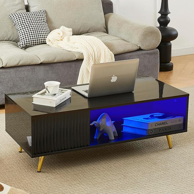 COSVALVE 41.3IN LED Black Coffee Tables for Living Room with 16 Colors LED Lights, Modern Minimalist Coffee Table with Fluted Panel, Rectangle Center Table Game Table