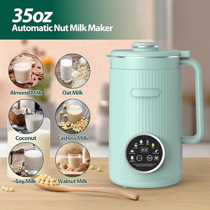 Nut Milk Maker Machine - 8 in 1 Soy Milk Maker Machine 35oz with Self-Cleaning, 18H Delay Start & 4H Keep Warm, Automatic Plant-Based Milk Blender for Almond, Oat, Coconut, Soybean - Green
