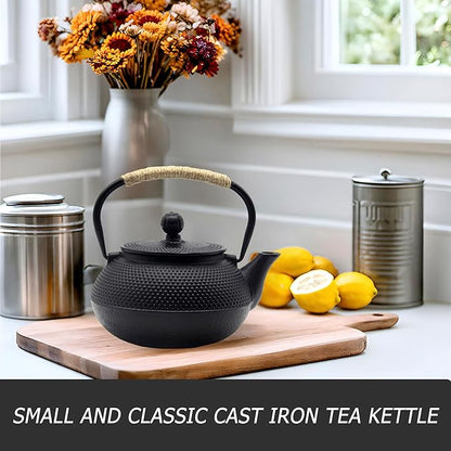 YJX Cast Iron Teapot Set with Cast Iron Warmer, Japanese Tetsubin Tea Kettle Set with Cups,Cast Iron Teapot with Stainless Steel Infuser and Enameled Interior(600ml Teapot Set Combination 1), Black