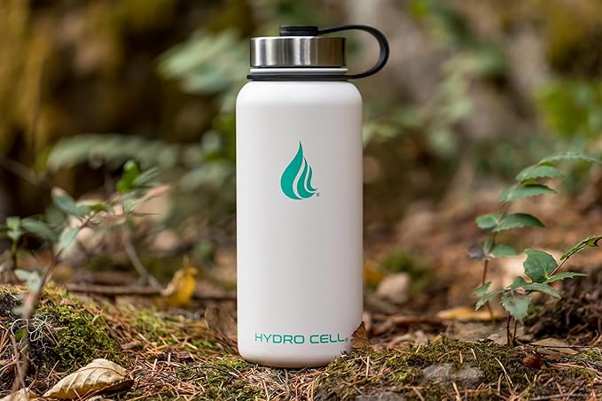 HYDRO CELL Stainless Steel Insulated Water Bottle with Straw - For Cold & Hot Drinks - Metal Vacuum Flask with Screw Cap and Modern Leakproof Sport Thermos for Adults (White 32oz)