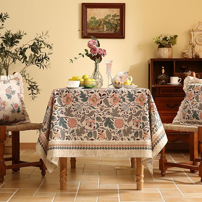 Designer Boho Floral Table Cloth for Rectangle Table,Linen Lotus Flower Pattern Colorful Tablecloth,Durable Decor Tablecloths for Dining Thanksgiving Kitchen Christmas,55"*79"-Hazel A