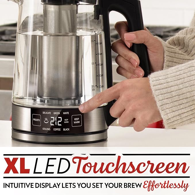 Gourmia Programmable Digital Glass Kettle – 1.7L Adjustable Temperature Electric Kettle with 6 Presets, Keep Warm, Stainless Steel Tea Infuser, 360° Swivel Base, Black