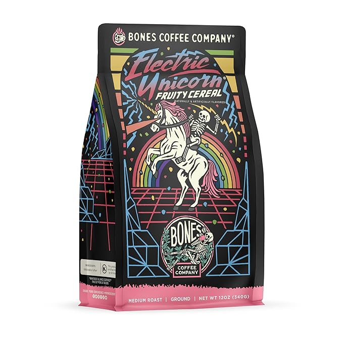 Bones Coffee Company Electric Unicorn, Fruity Cereal With Milk Flavored Coffee, Medium Roast Low Acid Arabica Beans Compatible with Auto drip and French Press Coffee Maker, 12 Oz Ground