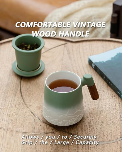 ZENS Tea Mug with Infuser and Lid for Loose Leaf Steeper, 16.9 oz Embossed Ceramic Tea Cup with Fine Tea Strainers, Wood Handle Large Tea Diffusers Mugs for Tea Lovers Gifts