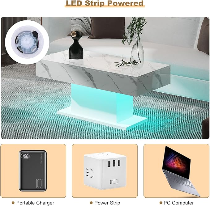 Led Coffee Table for Living Room, Living Room Table Rectangular Center Table, Modern High Glossy Wooden Coffee Tables with 16 Colors LED Lights for Dining Reception Room, White Marble