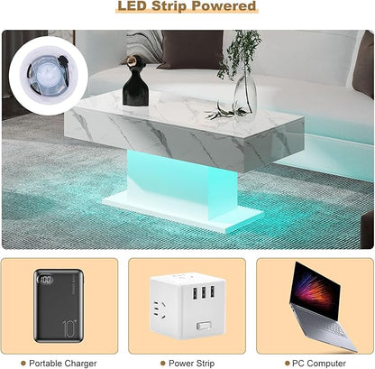 Led Coffee Table for Living Room, Living Room Table Rectangular Center Table, Modern High Glossy Wooden Coffee Tables with 16 Colors LED Lights for Dining Reception Room, White Marble