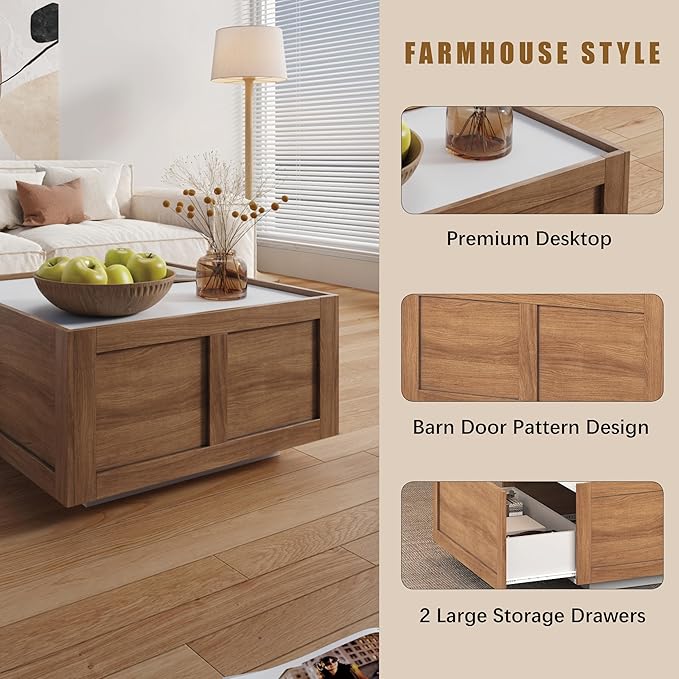 Farmhouse Coffee Table with 2 Storage Drawers for Living Room Square Center Middle Table Modern Cocktail Table Contemporary Mid Century Wood Home Office Waiting Room (White Brown)
