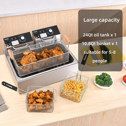 Deep Fryer with Basket, 22.6L/24QT Stainless Steel Countertop Electric Fryer for Home and Commercial Use, Oil Fryer with Temperature Control and Double Overheat Protection