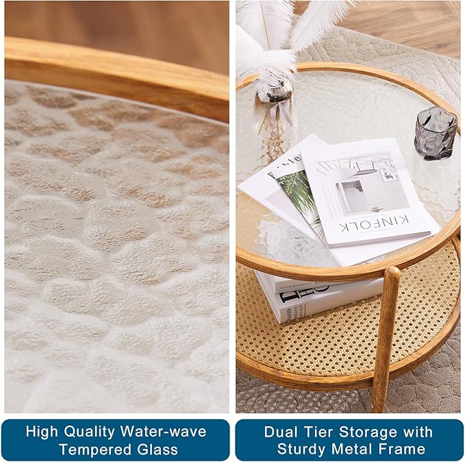 VINGLI 25.6" Rattan Coffee Table, Round Water-Wave Glass Metal Center Table, Modern Coffee Table with 2-Tier Storage, Farmhouse Circular Table for Living Room and Small Space, Natural Vibe