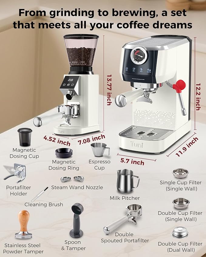 Tuni E2 𝑬𝒔𝒑𝒓𝒆𝒔𝒔𝒐 𝑴𝒂𝒄𝒉𝒊𝒏𝒆 with G1 𝑪𝒐𝒏𝒊𝒄𝒂𝒍 𝑪𝒐𝒇𝒇𝒆𝒆 𝑮𝒓𝒊𝒏𝒅𝒆𝒓 Combo Set | 20Bar Dual Boiler Coffee Maker | 48 Grind Settings | Professional Home Barista Kit