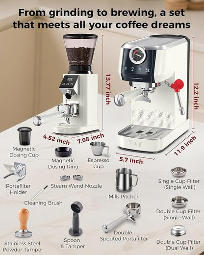 Tuni E2 𝑬𝒔𝒑𝒓𝒆𝒔𝒔𝒐 𝑴𝒂𝒄𝒉𝒊𝒏𝒆 with G1 𝑪𝒐𝒏𝒊𝒄𝒂𝒍 𝑪𝒐𝒇𝒇𝒆𝒆 𝑮𝒓𝒊𝒏𝒅𝒆𝒓 Combo Set | 20Bar Dual Boiler Coffee Maker | 48 Grind Settings | Professional Home Barista Kit