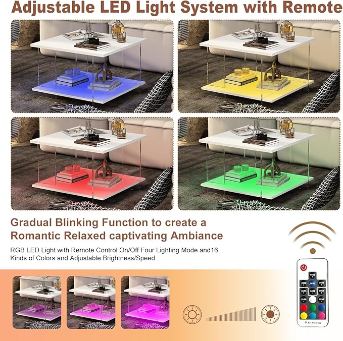 24" Acrylic Coffee Table with White Wood Tabletop, Minimalist Stylish Modern Square Center Table for Living Room,Led Living Room Table with Storage Shelf & Acrylic Frame for Small Space