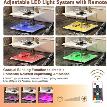 24" Acrylic Coffee Table with White Wood Tabletop, Minimalist Stylish Modern Square Center Table for Living Room,Led Living Room Table with Storage Shelf & Acrylic Frame for Small Space