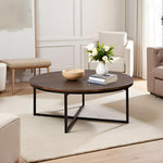 Load image into Gallery viewer, Alaterre Furniture Arcadia 42-Inch Round Acacia Wood Coffee Table – Industrial Living Room Table with Antiqued Mocha Finish and Metal Sled Legs – Ideal Centerpiece for Sectionals and Sofas