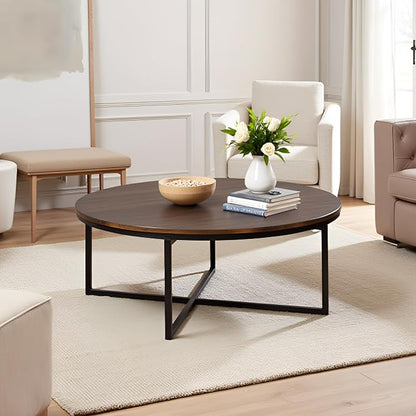 Alaterre Furniture Arcadia 42-Inch Round Acacia Wood Coffee Table – Industrial Living Room Table with Antiqued Mocha Finish and Metal Sled Legs – Ideal Centerpiece for Sectionals and Sofas