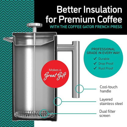 Coffee Gator French Press Coffee Maker 34oz, Double Insulated Stainless Steel Brewer plus Travel Jar Canister, Portable Hot Cold Brew for Coffee Bar Accessories Kitchen Camping, Silver
