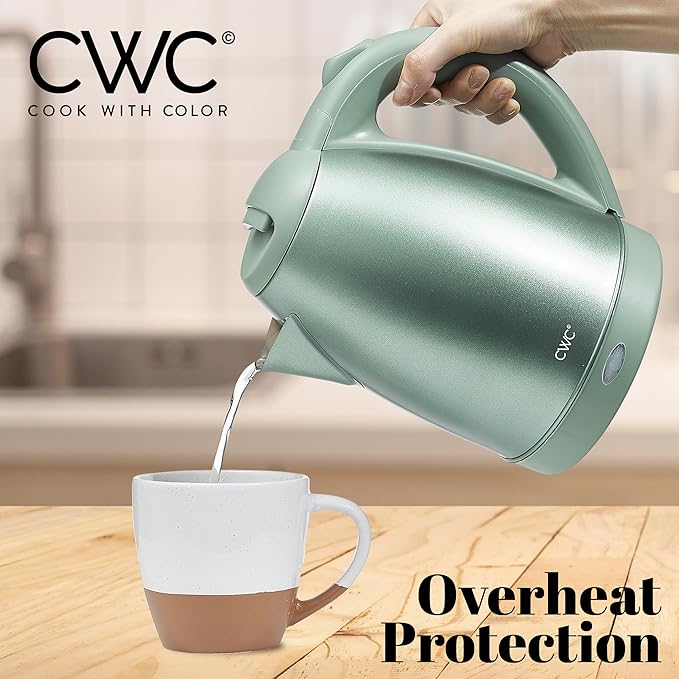 COOK WITH COLOR Electric Kettle - Rapid Boil, Sleek Design, and Safety Features - Great for Quick and Easy, Stainless Steel Sage, 1.7 Liters