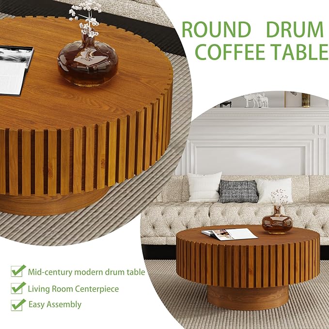 Handmade Round Grooved Drum-Shaped Coffee Table、Rustic Modern Circular Centerpiece for Living Room & Farmhouse Decor、Easy to Clean (D Wood 31in)