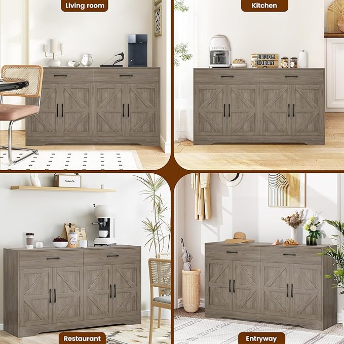 55" Sideboard Buffet Cabinet with Storage, Large Kitchen Storage Sideboard with Drawers & Doors, Modern Wood Farmhouse Coffee Bar Cabinet, Buffet Table for Kitchen, Dining Room, Living Room, Dark Wood