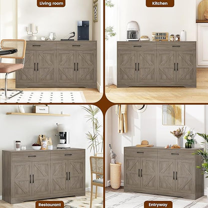 55" Sideboard Buffet Cabinet with Storage, Large Kitchen Storage Sideboard with Drawers & Doors, Modern Wood Farmhouse Coffee Bar Cabinet, Buffet Table for Kitchen, Dining Room, Living Room, Dark Wood