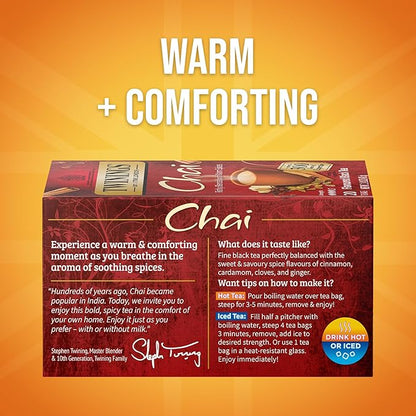 Twinings Chai Black Tea Individually Wrapped Bags, 20 Count (Pack of 6), Sweet, Savoury Spices, Caffeinated, Enjoy Hot or Iced, 120 Teabags