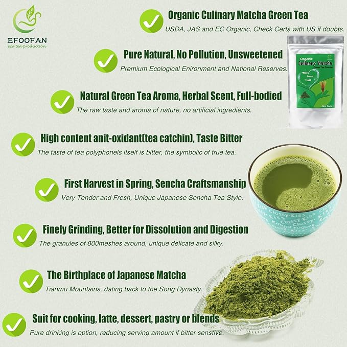 EFOOFAN Organic Matcha Green Tea Powder, Culinary Grade(1lb/16oz), USDA/JAS/EC Certified, Japanese Sencha Tea Flavor, Earthy and Grassy for Cooking, Dessert, Pastry or Blends