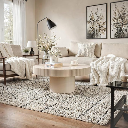 Handmade Wooden Drum Coffee Table、Elegant Round Fluted Wood Coffee Tables、Rustic Modern Circular Centerpiece for Living Room & Farmhouse Decor (A White 30.7in)