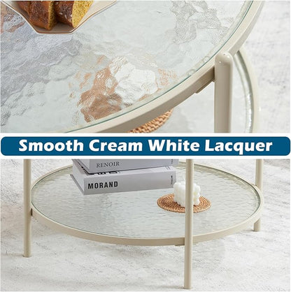 VINGLI 25.6" Small Cream White Round Coffee Table Water-Wave Glass Circle Clear Coffee Table, Center Table with 2-Tier Modern Storage Design for Living Room, Bedroom, Meeting Room, Balcony, Beige