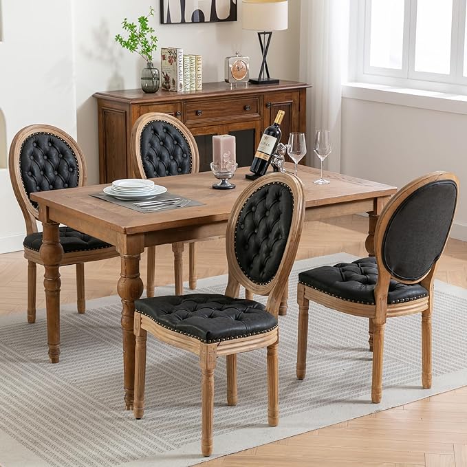 Vintage French Country Dining Chairs Set of 6, PU Leather Dining Chairs with Solid Wood Legs, Black Upholstered Dining Chair, Sillas para Comedor, Kitchen & Dining Room Chair (Black, PU, 6Pcs)