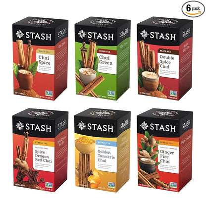 Stash Tea Chai Tea Variety Pack Sampler Assortment - Caffeinated, Non-GMO Project Verified Premium Tea with No Artificial Ingredients, 18-20 Count (Pack of 6)