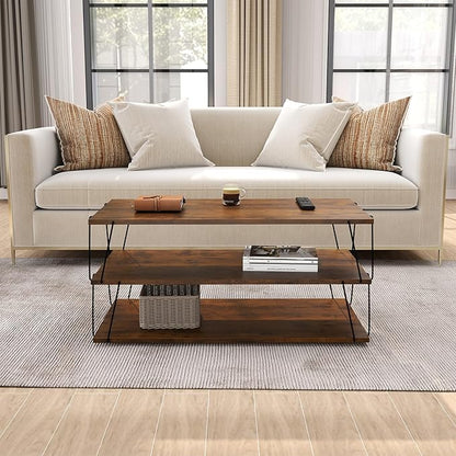 Coffee Table, 40" Center Table with Storage Shelf, Rectangle Coffee Table, for Living Room, Toolless, Easy Assembly, Simple Style, Rustic Brown (Classic)