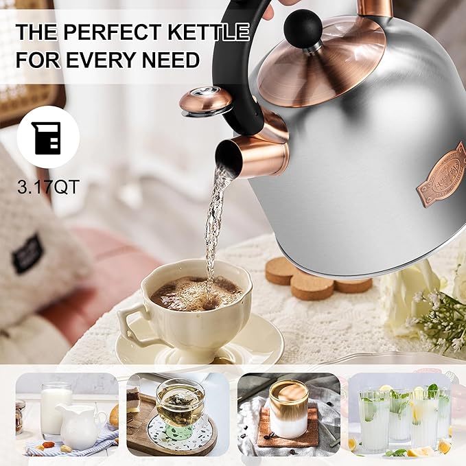 SUSTEAS Tea Kettle - 3.17QT Whistling Kettle with Ergonomic Handle - Premium Stainless Steel Tea Pots for Stove Top, Chic Vintage Teapot with Composite Base, Work for All Stovetops (Silver)