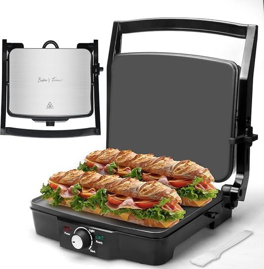Baker's Friend Panini Press Electric Griddle, Panini Grill Press Sandwich Maker Press, Grilled Cheese Maker, Sandwichera Electrical, Browning Control, Non Stick Surfaces, 4-Slices, Stainless Steel