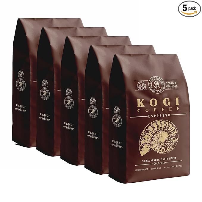 The Younger Brothers Trading Co. Kogi Coffee | Indigenous Wild Grown Whole Bean | Ethically Sourced Single Origin Colombian Coffee | Kogi Espresso Roast (12 Ounce (Pack of 5)