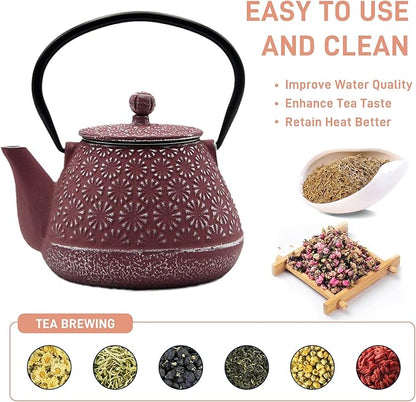 Cast Iron Teapot, 20.3oz Small, Enameled Interior, Stainless Steel Infuser for Loose Tea (Pink Gerbera Pattern)