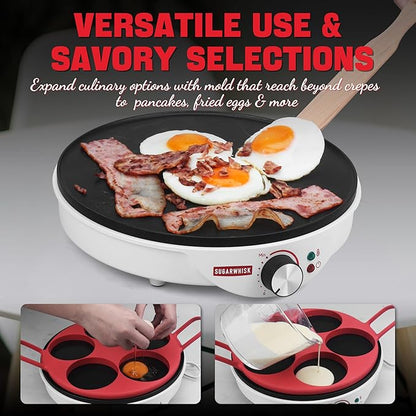 Crepe Maker Electric, Crepe Pan 12 Inch with 5 X 4” Silicone Molds, Pancake Maker Machine for Pancakes & Tortilla & Fried Eggs, Batter Spreader & Spatula Included, White