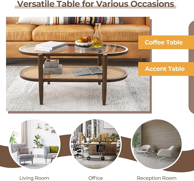 Moccha Boho Coffee Table, 2-Tier Center Table with Tempered Glass Tabletop & PE Rattan Storage Shelf, Mid Century Modern Tea Table with Wood Frame, 40" L Oval Accent Table for Living Room, Office